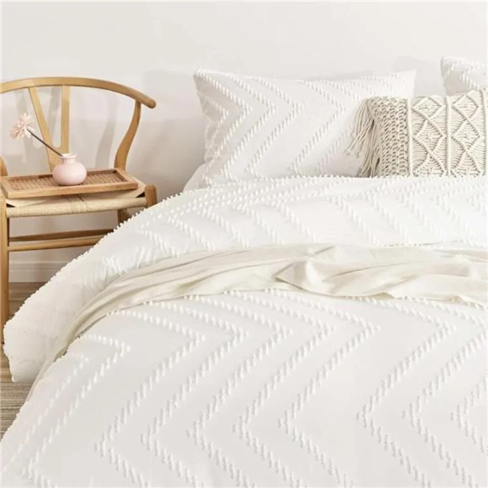 NEW Anthro White Tufted King / Queen Size Fringe Comforter Bedding Sham Case Set